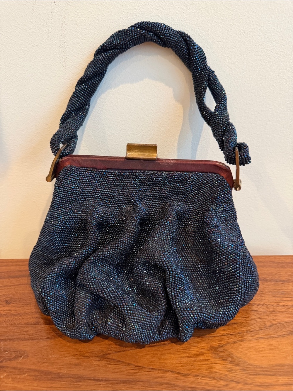 DuBonnette Original Vintage Navy Micro-Beaded Evening Bag with Twisted Handle
